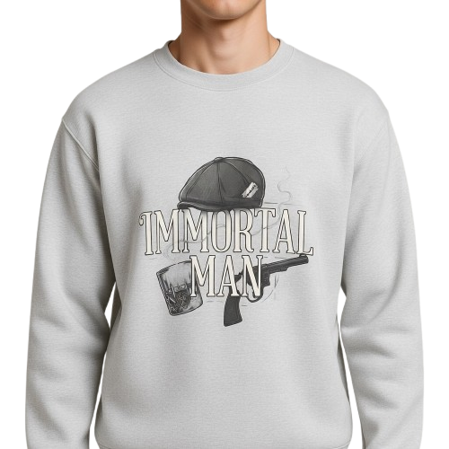 Immortal Man Crewneck Sweatshirt — Vintage Helmet, Gun & Whiskey Graphic