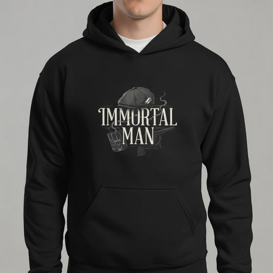 Immortal Man Hoodie — Vintage Helmet & Rifle Graphic Pullover