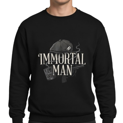 Immortal Man Crewneck Sweatshirt — Vintage Helmet, Gun & Whiskey Graphic