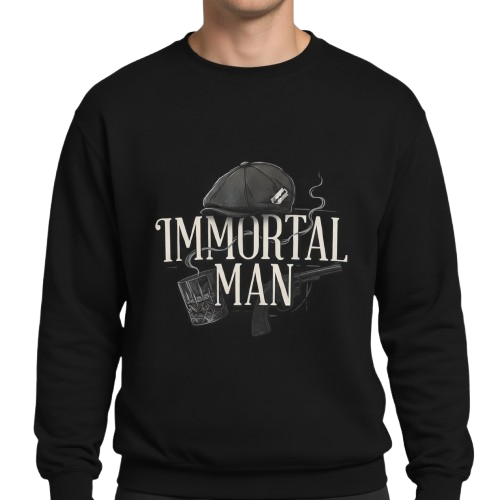 Immortal Man Crewneck Sweatshirt — Vintage Helmet, Gun & Whiskey Graphic