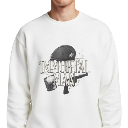 Immortal Man Crewneck Sweatshirt — Vintage Helmet, Gun & Whiskey Graphic