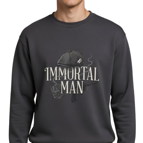 Immortal Man Crewneck Sweatshirt — Vintage Helmet, Gun & Whiskey Graphic