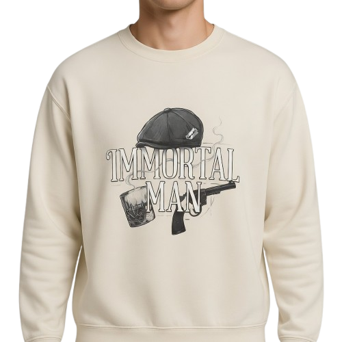 Immortal Man Crewneck Sweatshirt — Vintage Helmet, Gun & Whiskey Graphic