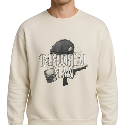 Immortal Man Crewneck Sweatshirt — Vintage Helmet, Gun & Whiskey Graphic